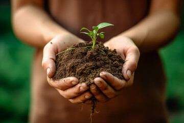 Hands holding a pile of soil with a sprout, blurred natural background, eco friendly, green planet concept