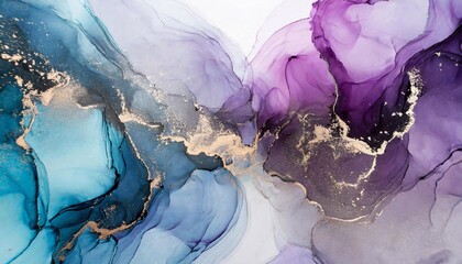 Alcohol ink abstract background. Blue, purple and gold liquid texture.