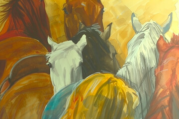 Freedom. A herd of horses. The painting of the power of horse.
