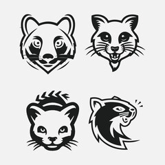 Set of animal head in hand drawn sketch monochrome style isolated on white color. Bear, bison, panther, panda, Modern graphic design element. Vector illustration., cat, lion, fox, wolf, tiger, raccoon