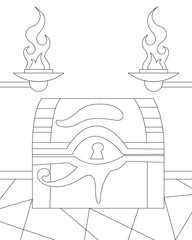Egyptian palace with chest and torches. Egyptian background. Coloring page, icon, black and white vector illustration.