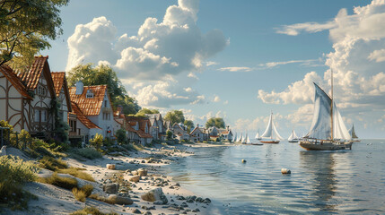 A tranquil seaside village with cozy cottages nestled along a sandy shore offering a peaceful escape - obrazy, fototapety, plakaty