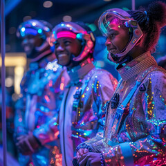 Create a scene at a futuristic space travel festival where a family clad in vibrant neon lit clothes explores the wonders of the universe together