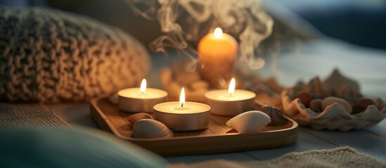 Creating a cozy ambiance in the living or bedroom with candles on a bamboo tray, using stones and...