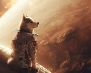 Imagine a cute dog in an astronaut suit tethered to a spacecraft orbiting a planet gazing in awe at the surrounding galaxy The sun peeks from - obrazy, fototapety, plakaty