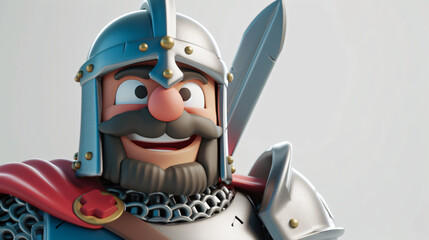 A charming knight with a warm smile, captured in a delightful 3D cartoon illustration. This close-up portrait showcases the bravery and cheerfulness of this medieval hero. Perfect for adding