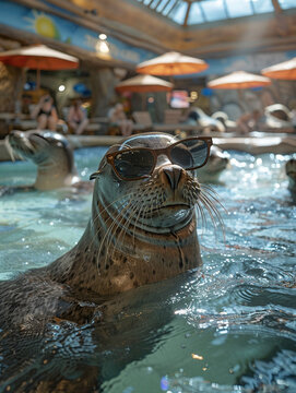 Picture a special seaside themed display area at the heart of an amusement park where seals wearing stylish sunglasses are the stars