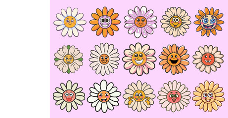 Fototapeta na wymiar Groovy flower cartoon characters. Funny happy daisy with eyes and smile. Sticker pack in trendy retro trippy style. Isolated vector illustration