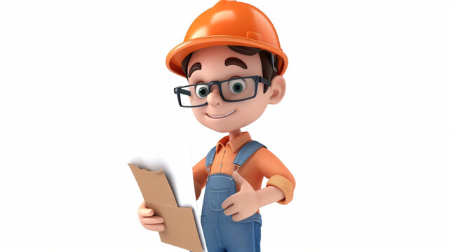 A delightful 3D illustration of a cute architect, equipped with a drafting table, ruler, and hard hat, ready to bring your architectural dreams to life. This adorable character is perfect fo