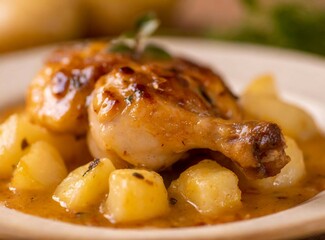 Chicken with sauce and potatoes. Traditional food from Republic of El Salvador.