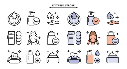 Makeup removal and skin care icons set. Editable stroke. Simple style icons. Vector illustration isolated on white background