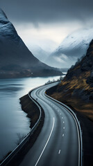 The Serenity of Fjord Road - A Scenic Drive Through Majestic Peaks and Calm Waters - obrazy, fototapety, plakaty