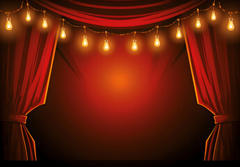 Theater stage with red curtains and garlands lights. Festive party award ceremony concept. World theatre day. International day of Theatre. Template with copy space for greeting card, invitation, flye - obrazy, fototapety, plakaty