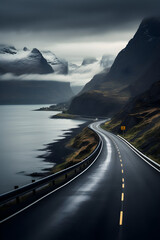 The Serenity of Fjord Road - A Scenic Drive Through Majestic Peaks and Calm Waters - obrazy, fototapety, plakaty