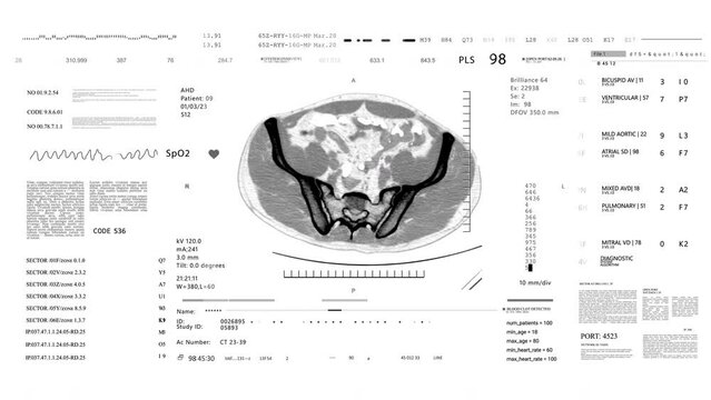 Monochrome video of CT scan showing abdomen in a symmetrical pattern
