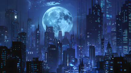 3d render city night (sky clipping path),,
Night Cityscape With A Full Moon And A City Skyline
