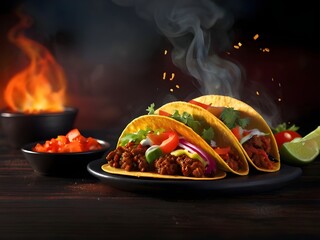 High angle view of food on table, dark background, fresh salad tomato onion, illustration