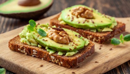 Crispy rye toasts with avocado on wooden board. Tasty and healthy breakfast.