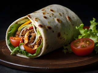 High angle view of food on table, dark background, fresh salad tomato onion, illustration