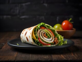 High angle view of food on table, dark background, fresh salad tomato onion, illustration