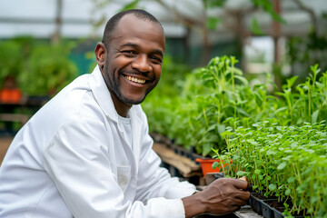 Naklejka na ściany i meble Smiling male farmer tending plants in lush greenhouse environment