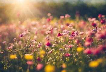 Flower field in sunlight, spring or summer garden background in closeup macro view or flowers meadow field in morning light