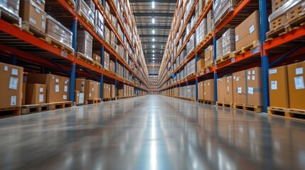 Fototapeta premium Retail Warehouse full of Shelves with Goods in Cardboard Boxes, Logistics, Sorting and Distribution Facility for Product Delivery, It is a warehouse of a large-scale shopping center, generative ai