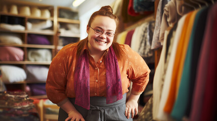 Fototapeta na wymiar Smiling Young Woman with Down Syndrome Working in clothing store