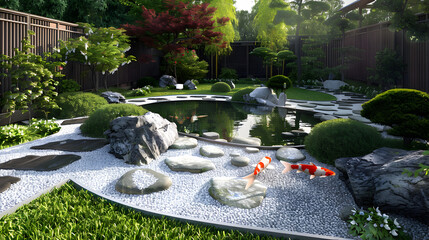 There is a small garden with rocks and trees in it,,
A tranquil zen garden with a small pond bonsai trees and raked sand patterns