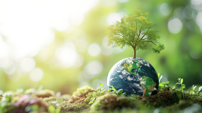 Globe ball with tree growing and green nature blur background, Eco concept, Saving environment, Save clean planet, Ecology concept, Card for world earth day, generative ai