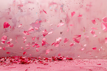 pink confetti falling over a pink background in the s