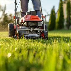 Person mowing a lush green lawn with a red lawnmower in sunlight, highlighting garden maintenance.