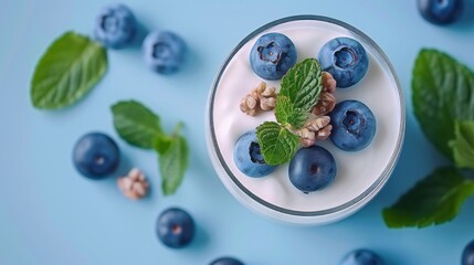 Fresh blueberries with yogurt on white background, top view for healthy breakfast or snack concept