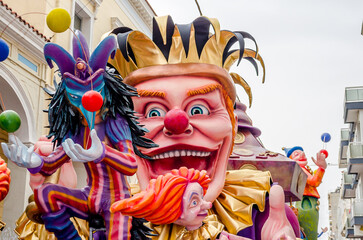 Giant King of Carnival Float in Front of the Procession in Patra City, Greece. Annual Traditional Street Parade Full of Moving Colorful Sculptures, Masks and Costumes - obrazy, fototapety, plakaty