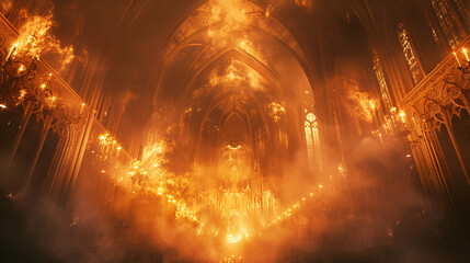 Cathedral engulfed in flames, illuminating intricate gothic architecture with an ominous glow.