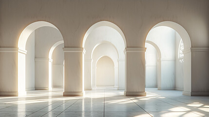 Serene space with arches casting soft shadows, bathed in natural light