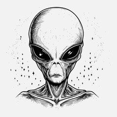Alien Portrait with Large Eyes - Black and White Vector Art
