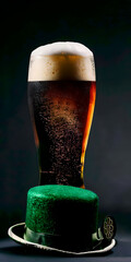Glass of beer for Saint Patricks Day with clover and green hat on dark background