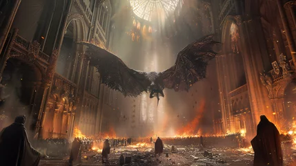 Fotobehang Dragon spreads wings in grand, burning cathedral, robed figures watch in awe © RuslanWowAI