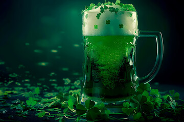 Glass of green beer for Saint Patricks Day with clover and green hat on dark background
