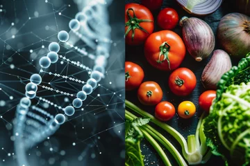 Fotobehang Organic fresh vegetables and DNA sequencing made with them © Werckmeister