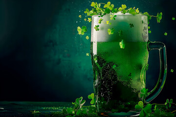 Glass of green beer for Saint Patricks Day with clover and green hat on dark background
