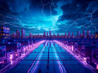 nuclear power plant with glowing bitcoin logo, Blue purple color, bright, neon. Illustration 3d render