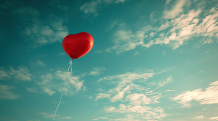Fototapeta premium A red heart balloon is floating in a blue sky 