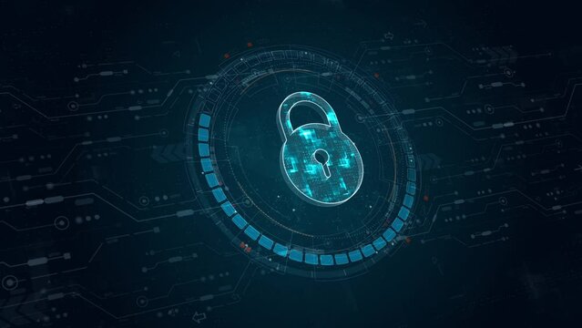 Motion graphic of Blue digital security key logo and circle futuristic HUD elements with flowing arrows with network firewall technology and data secure concepts on abstract background