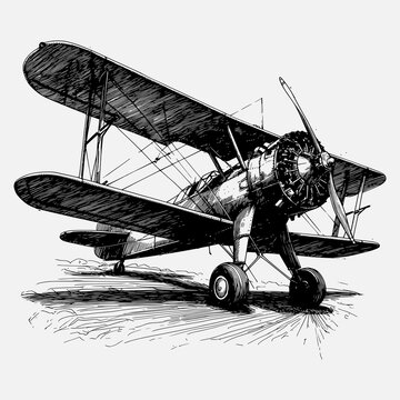 recommend clip art: Historic Biplane Ready for Takeoff - Monochromatic Line Drawing