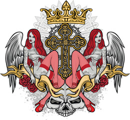 Gothic sign with skull girls, grunge vintage design t shirts
