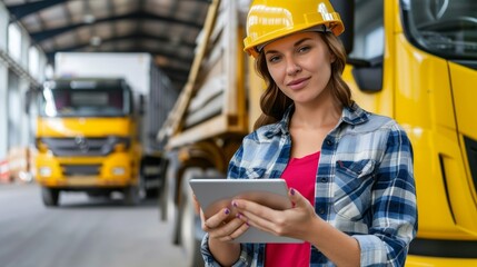 Supervising loading of delivery truck at retailer warehouse, female manager using tablet computer.