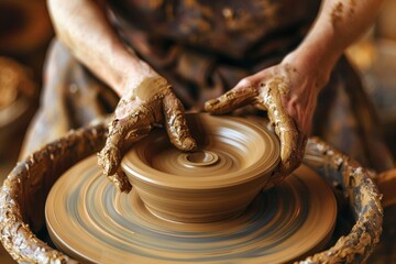 Professional potter making bowl in pottery workshop, studio.
