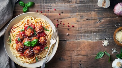 Spaghetti pasta with meatballs in homemade tomato sauce on wooden table